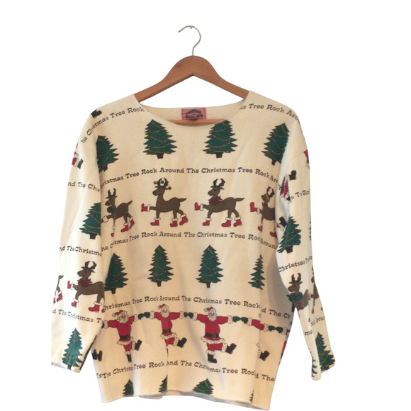 Vintage Women's Raw Hem Christmas Sweatshirt Medium Slouchy 70s Fun Holiday - Picture 4 of 10